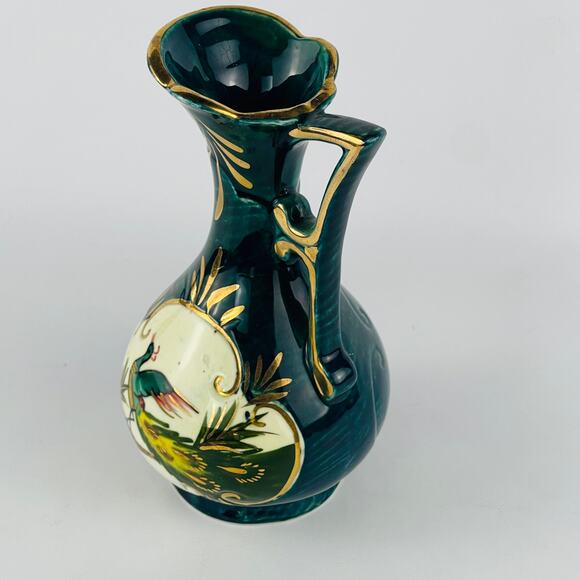 Hand Painted Ceramic Peacock Pitcher Gold Trim 7 1/8” - Picture 5 of 9